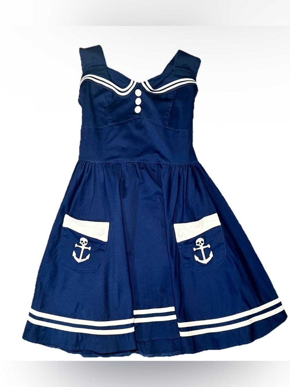 Hell Bunny Vixen Dress Women Blue Halter Skull Sailor Fit Flare Retro Halloween